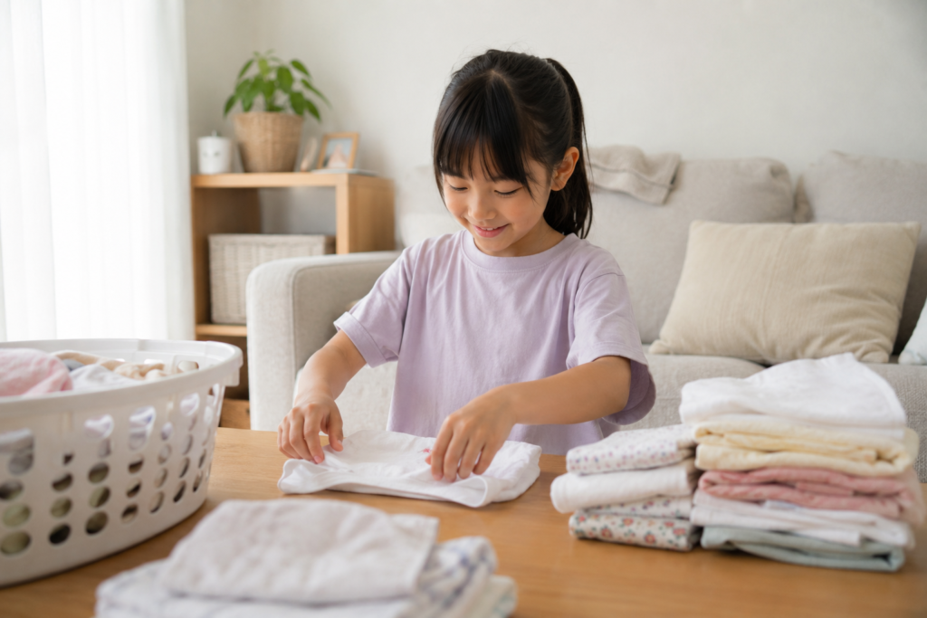洗濯物をたたむ上の子